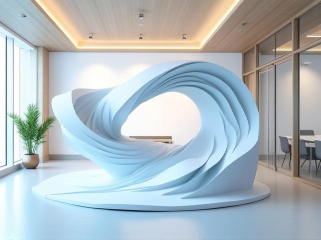 Grande sculpture en papier abstraite, inspirée de l'eau, dans un bureau d'entreprise moderne.